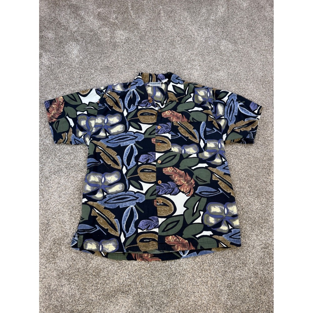 Reservoir Mens Medium Cotton Tropical Floral Hawaiian‎ Shirt Green Blue